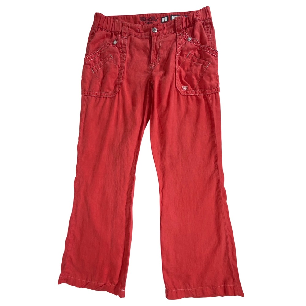Miss Me Cargo Pants Large Red Linen Wide Leg Trouser Low Rise Contrast Stitch